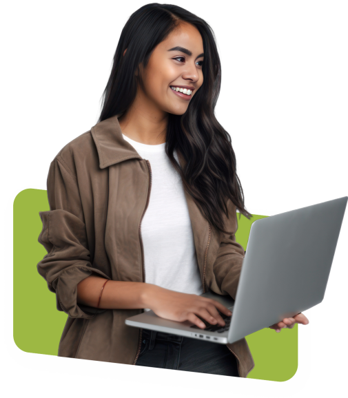A smiling young woman with long dark hair, wearing a brown jacket and white shirt, stands holding an open laptop in front of a green rounded rectangle background.