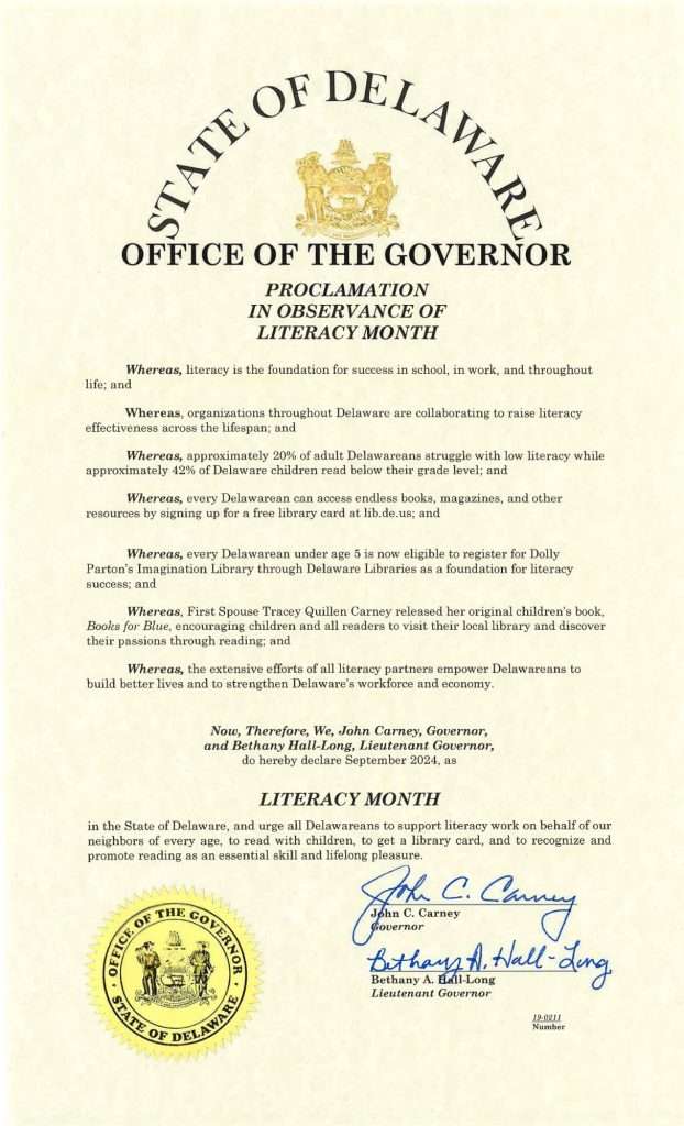 Declaration from the State of DE, Office of the Govenor. Announcing that September is Literacy Month.