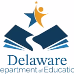 Logo of the Delaware Department of Education featuring an open book, a white path, a blue star, and a gold figure reaching upward.