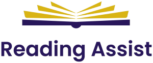 Logo with a stylized open book in gold and purple above the words Reading Assist in bold purple text.